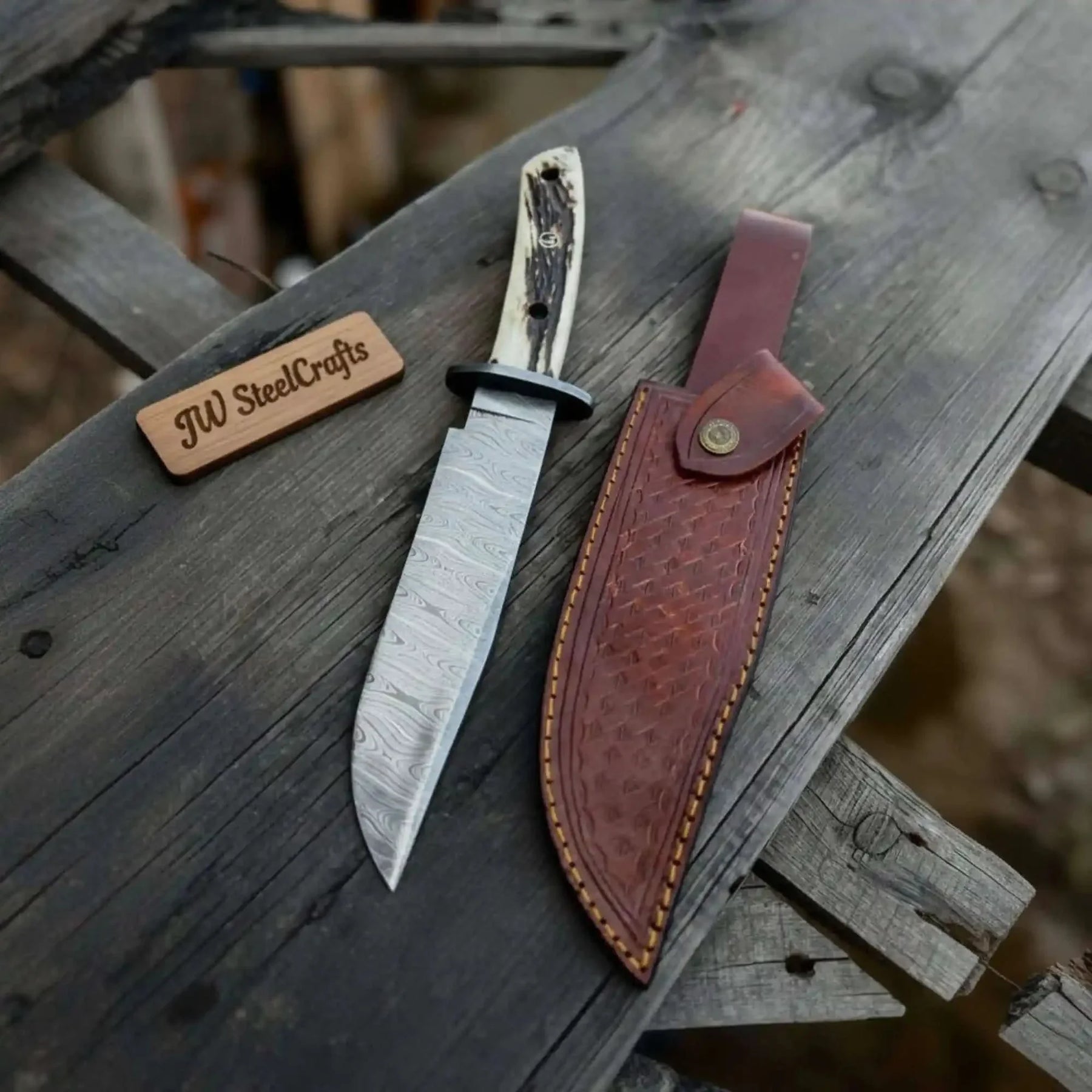 Handmade Damascus Hunting Knife with Stag Antler Bowie Blade by JW SteelCrafts, Damascus knife main product photo