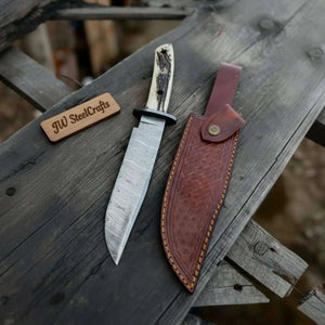 Handmade Damascus Hunting Knife with Stag Antler Bowie Blade by JW SteelCrafts, Damascus knife main product photo