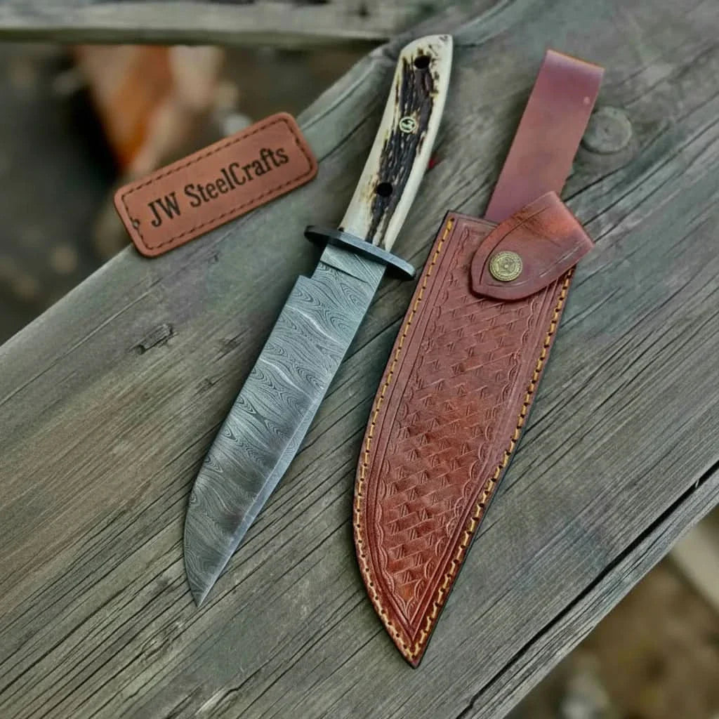 Handmade Damascus Hunting Knife with Stag Antler Bowie Blade by JW SteelCrafts, Damascus knife detail photo 4