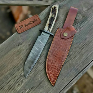 Handmade Damascus Hunting Knife with Stag Antler Bowie Blade by JW SteelCrafts, Damascus knife detail photo 4