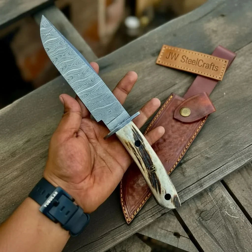Handmade Damascus Hunting Knife with Stag Antler Bowie Blade by JW SteelCrafts, Damascus knife detail photo 6