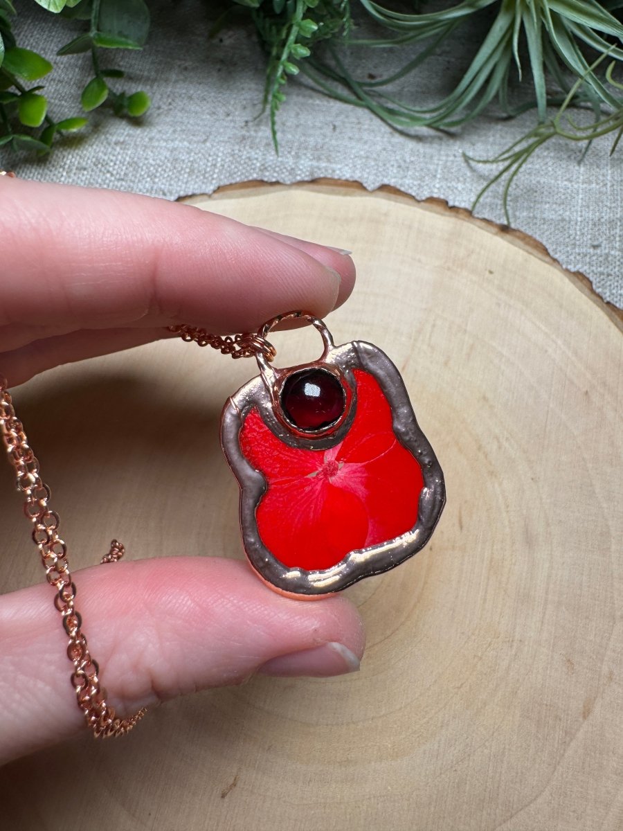 Clovera- Garnet and Flower Necklace detail view by Copper Ashes