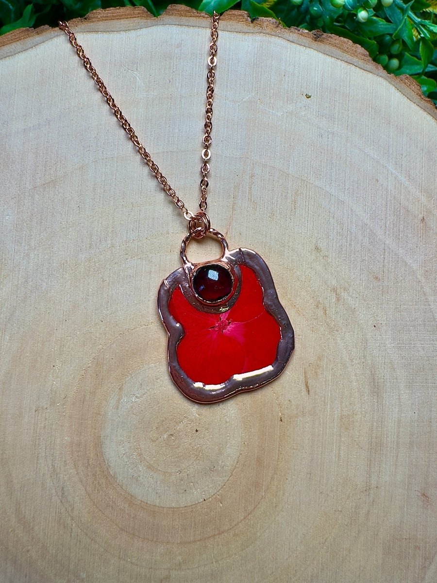 Clovera- Garnet and Flower Necklace by Copper Ashes