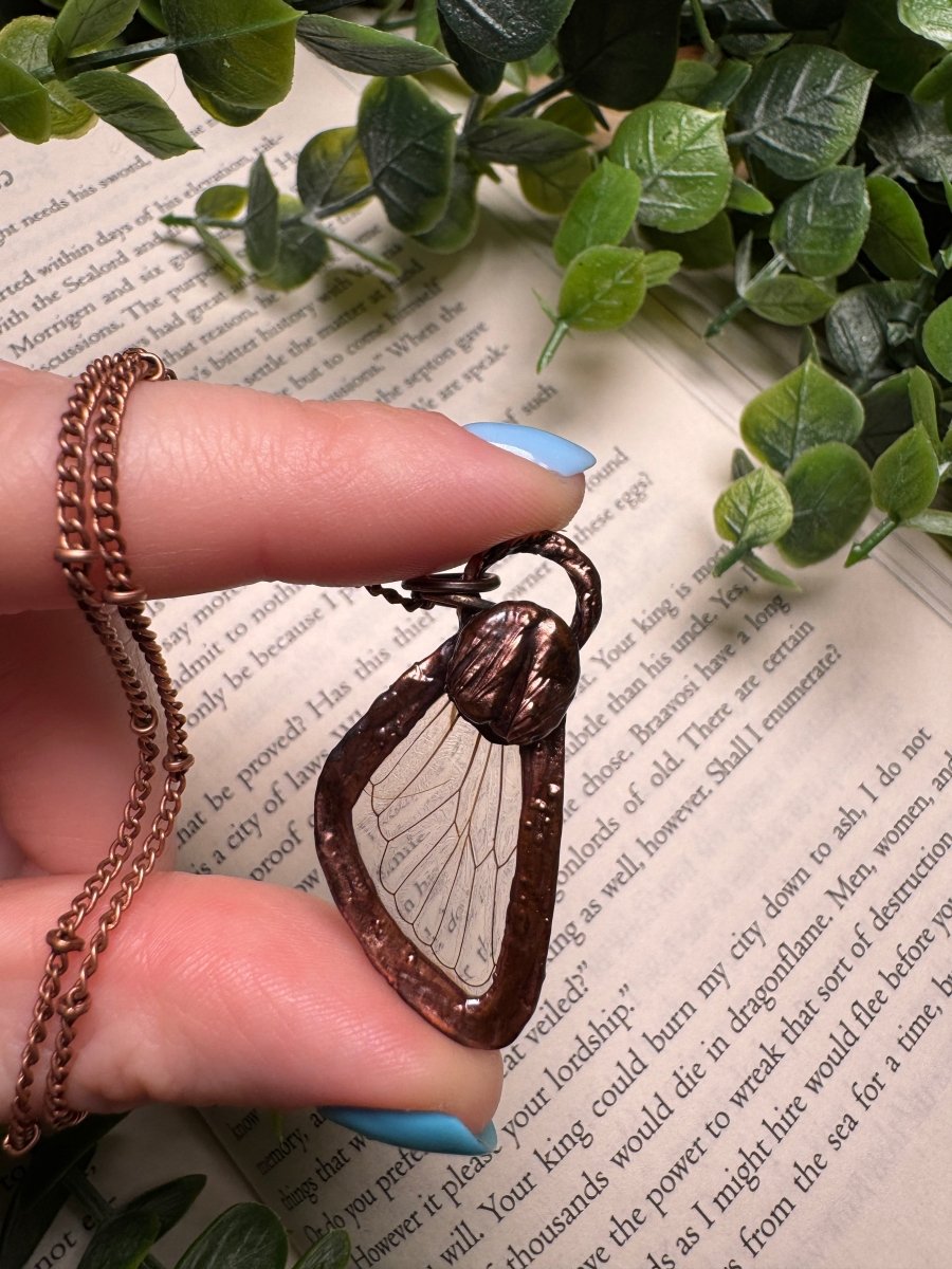 Coffee Cicada Fairy Necklace detail view by Copper Ashes