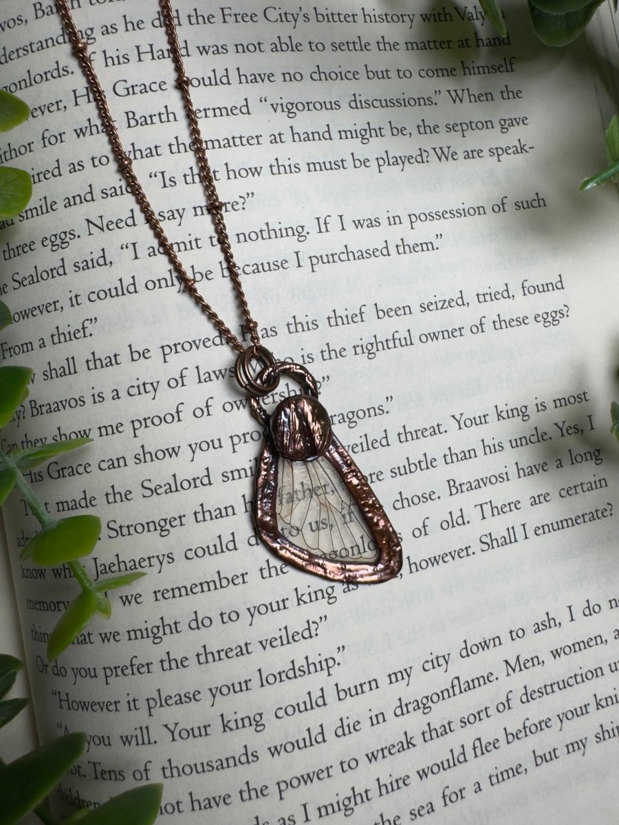 Coffee Cicada Fairy Necklace detail view by Copper Ashes