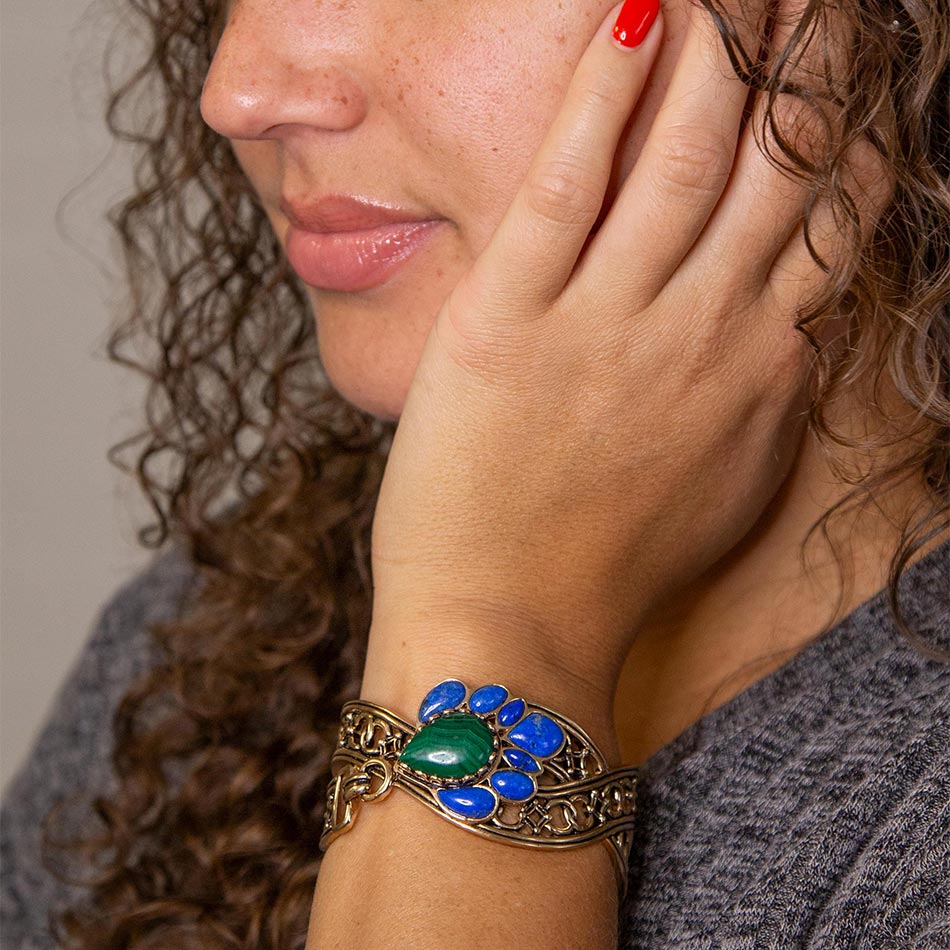 Cognate Green Malachite and Blue Lapis Golden Cuff Bracelet detail view by Barse Jewelry