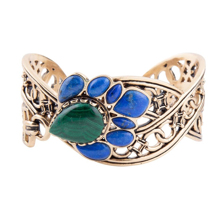 Cognate Green Malachite and Blue Lapis Golden Cuff Bracelet detail view by Barse Jewelry