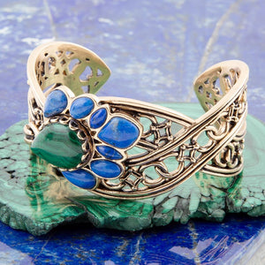 Cognate Green Malachite and Blue Lapis Golden Cuff Bracelet detail view by Barse Jewelry