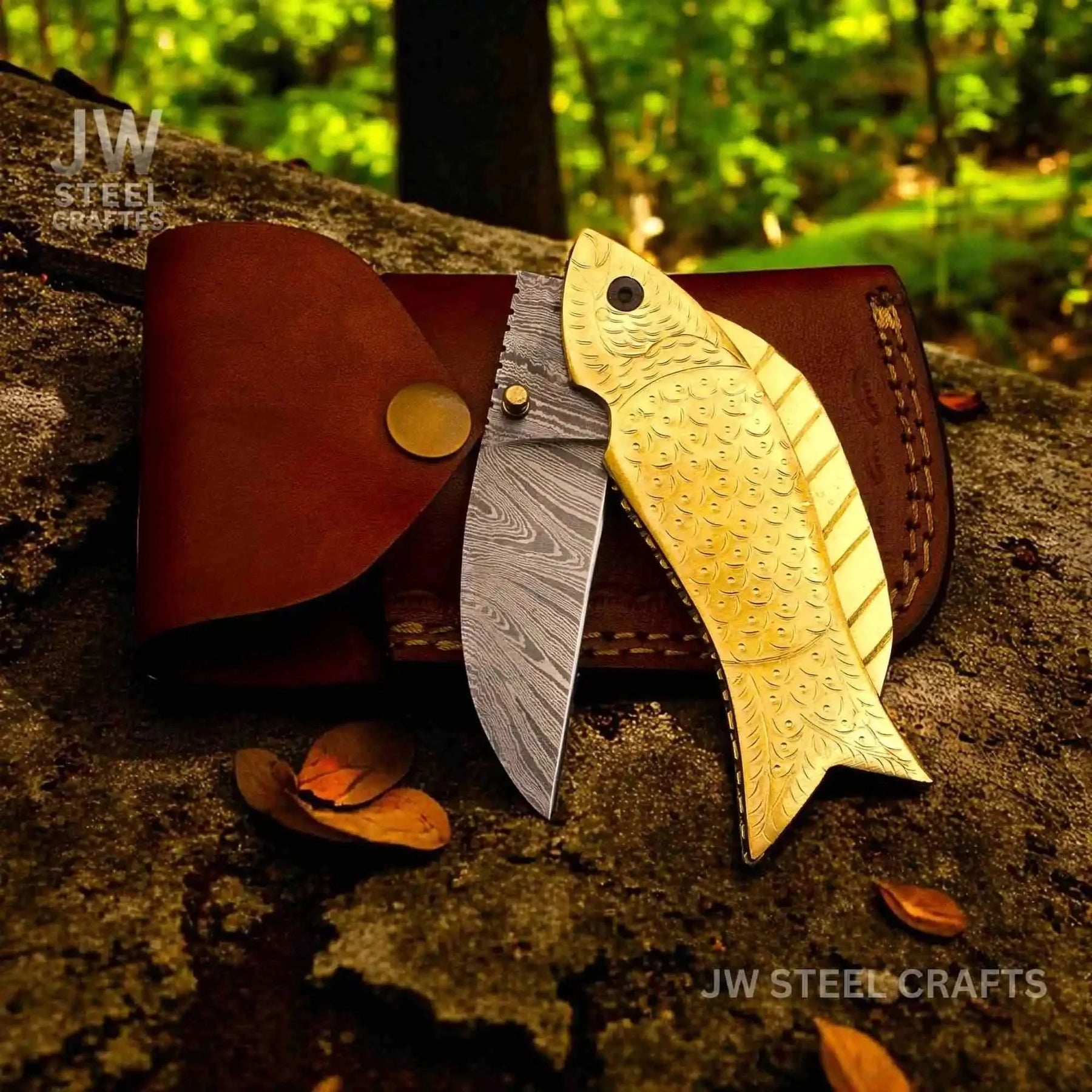 Handmade Damascus Steel Folding Knife with Engraved Brass Fish Handle by JW SteelCrafts, Damascus knife detail photo 3