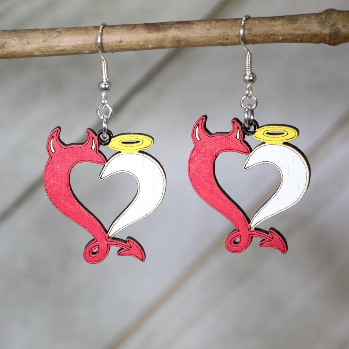 Angel Devil Heart Wooden Earrings | Gothic Love Jewelry by Cate's Concepts, LLC, handmade jewelry main product photo