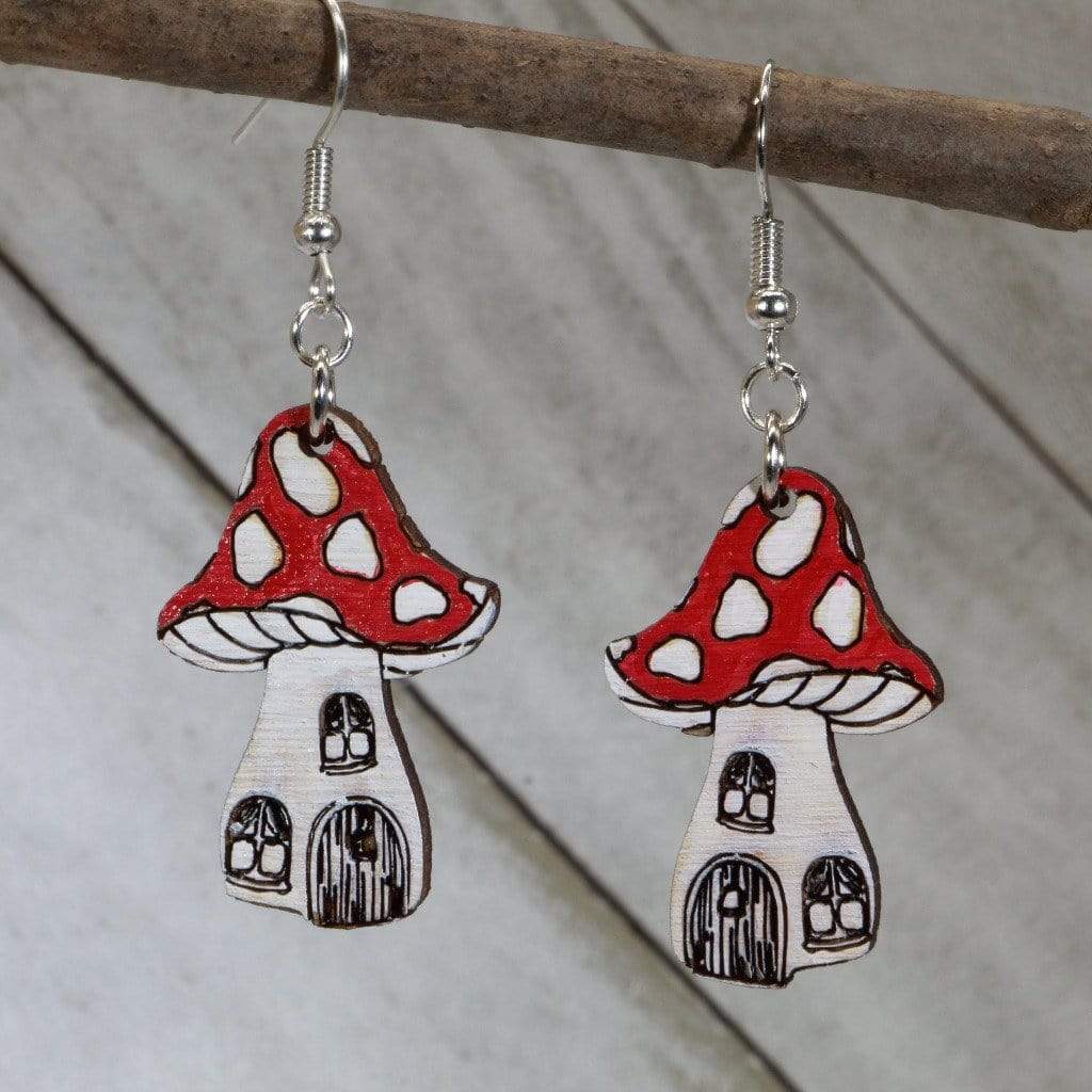 Enchanted Mushroom Wooden Dangle Earrings | Fantasy Jewelry