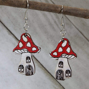 Enchanted Mushroom Wooden Dangle Earrings | Fantasy Jewelry