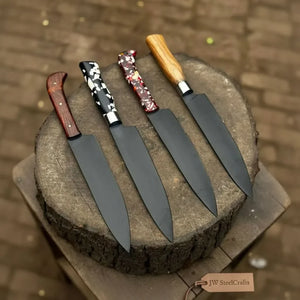 Black Blade Chef Knife Full Tang with Custom Handle & Leather Sheath by JW SteelCrafts, leather knife sheath main product photo