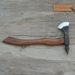 Hand-Forged Bearded Spike Poll Bushcraft Axe with Hardwood Handle by JW SteelCrafts, handmade axe detail photo 2
