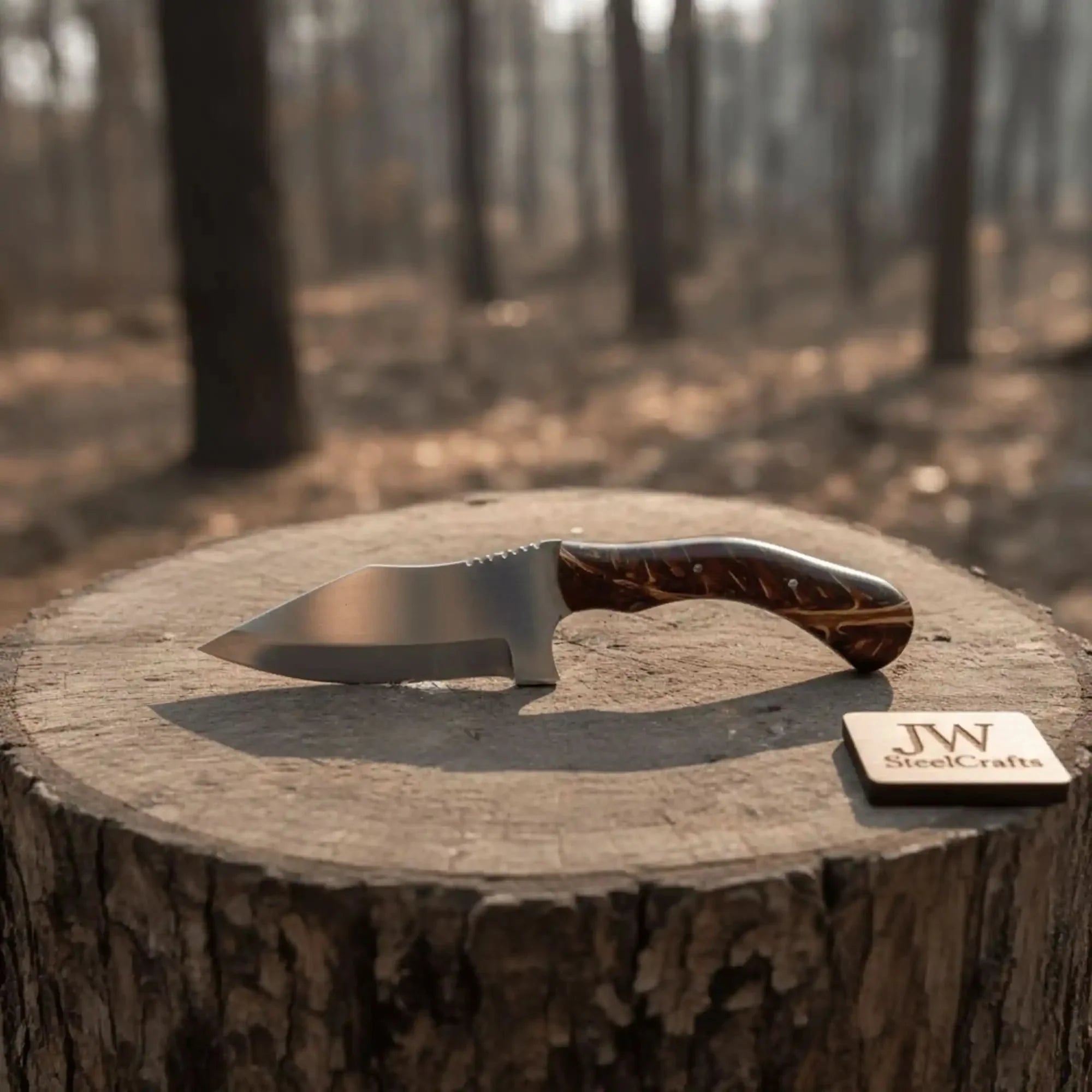 Stainless Steel Sheepsfoot Outdoor Knife — Brown Orange Swirl Resin Handle by JW SteelCrafts, Damascus knife main product photo