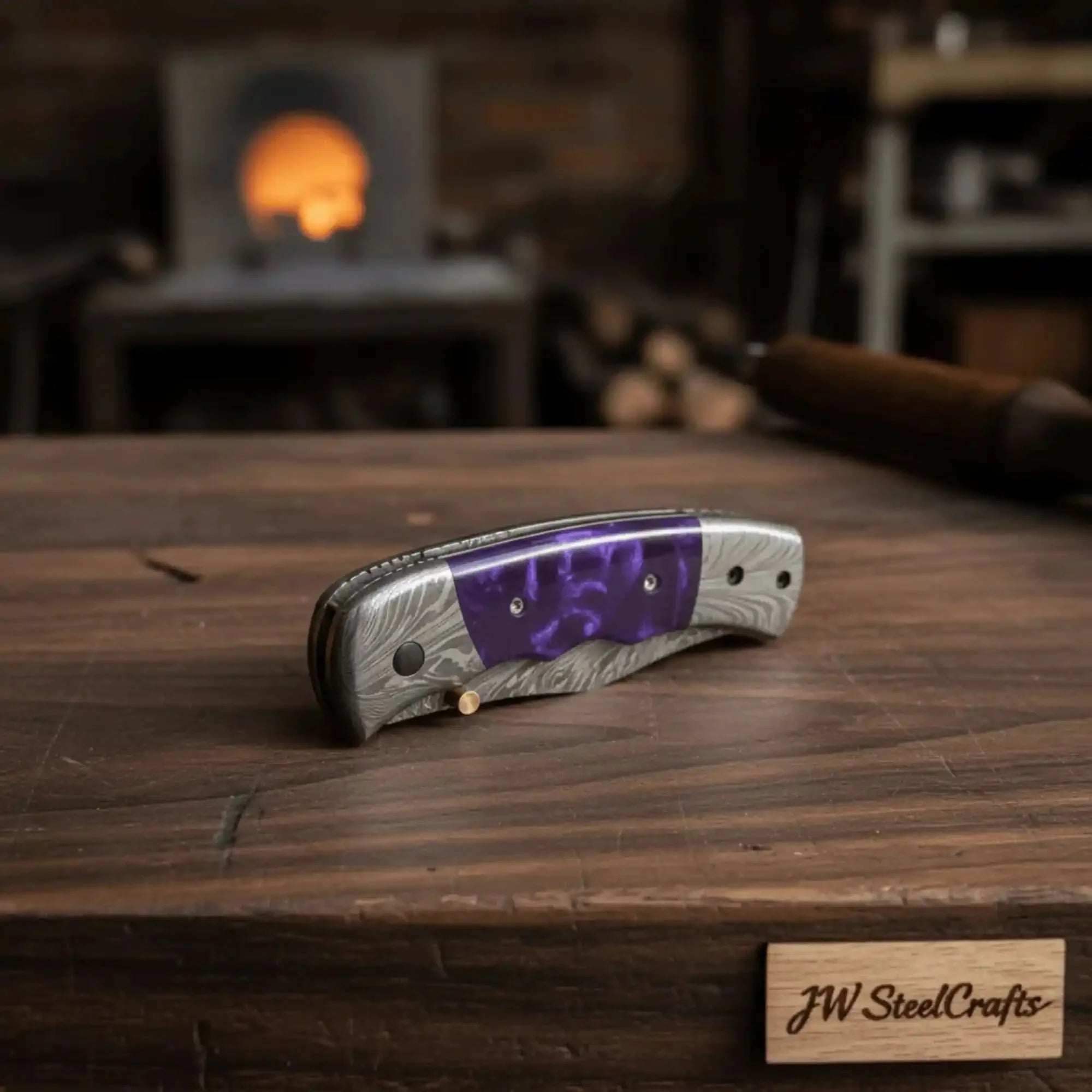 Feather Pattern Damascus Folding Knife with Purple Resin Handle by JW SteelCrafts, Damascus knife detail photo 2