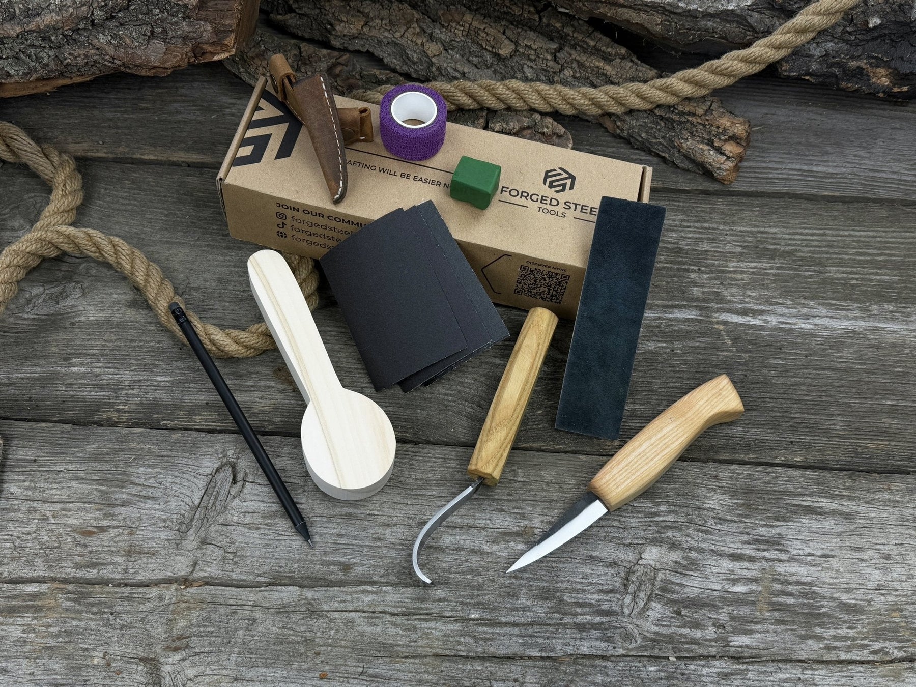 Complete Spoon Carving Kit for Beginners detail view by Sharky Forged Steel Tools