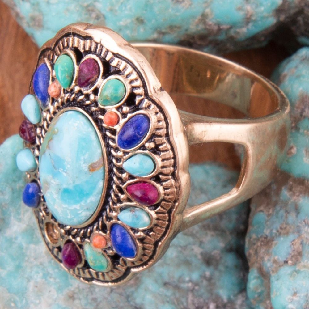 Concho Colorful Golden Statement Ring detail view by Barse Jewelry
