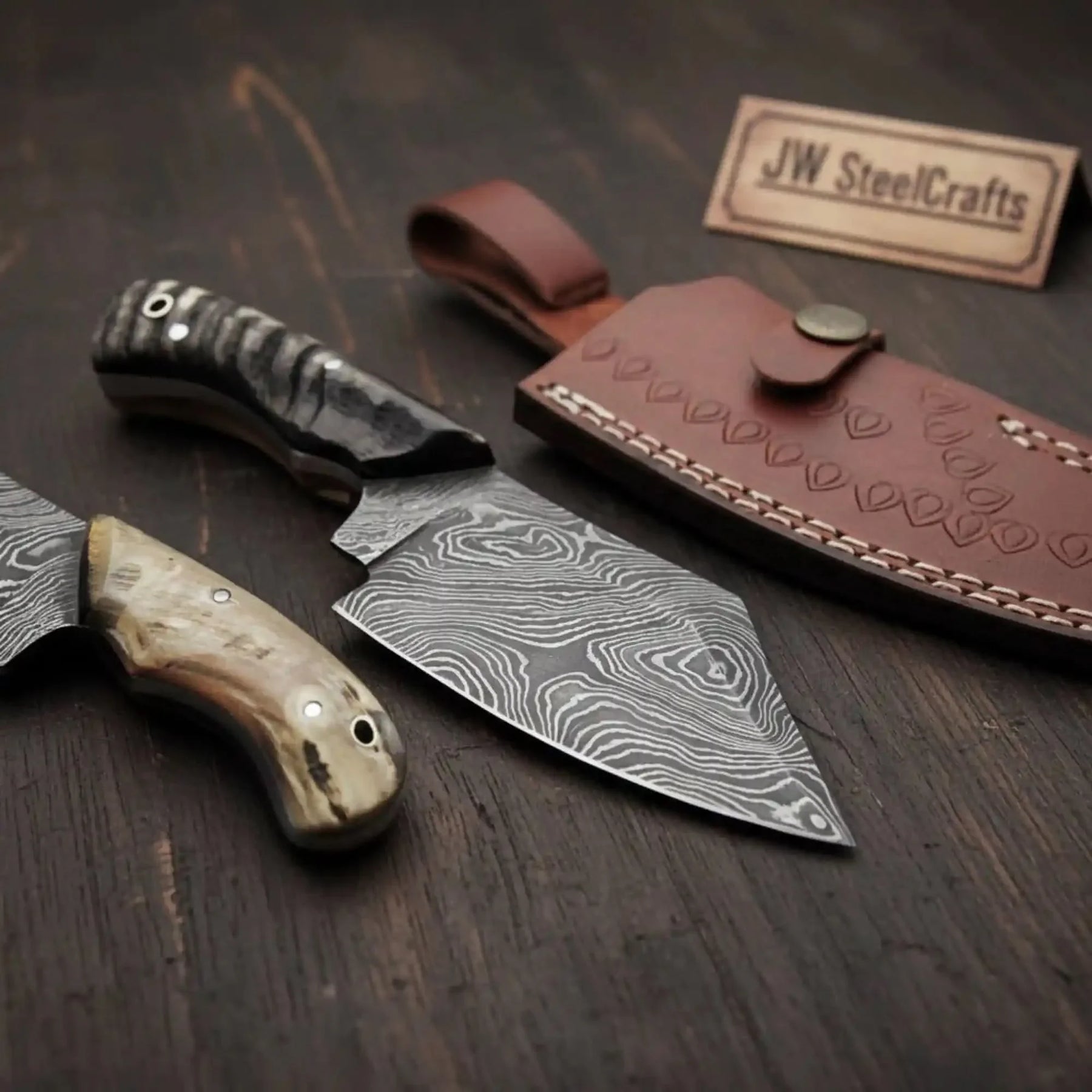 6-Inch Forged Damascus Skinning Knife — Ram Horn Handle, Full Tang & Leather Sheath | JW Steel Crafts by JW SteelCrafts, leather knife sheath main product photo