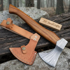 Compact Damascus Steel Camping Axe with Hardwood Handle & Leather Sheath by JW SteelCrafts, leather knife sheath main product photo