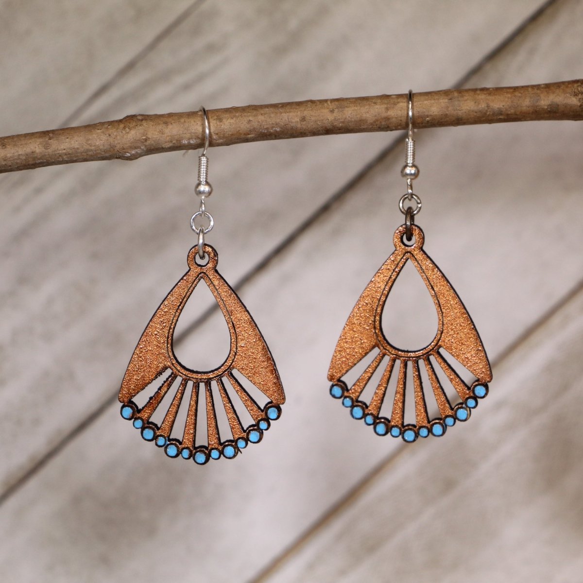Art Deco Fan Wooden Earrings | Copper Turquoise Geometric Jewelry by Cate's Concepts, LLC