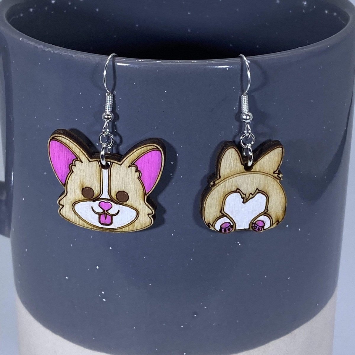 Corgi Butt Wooden Earrings | Funny Dog Lover Jewelry detail view by Cate's Concepts, LLC