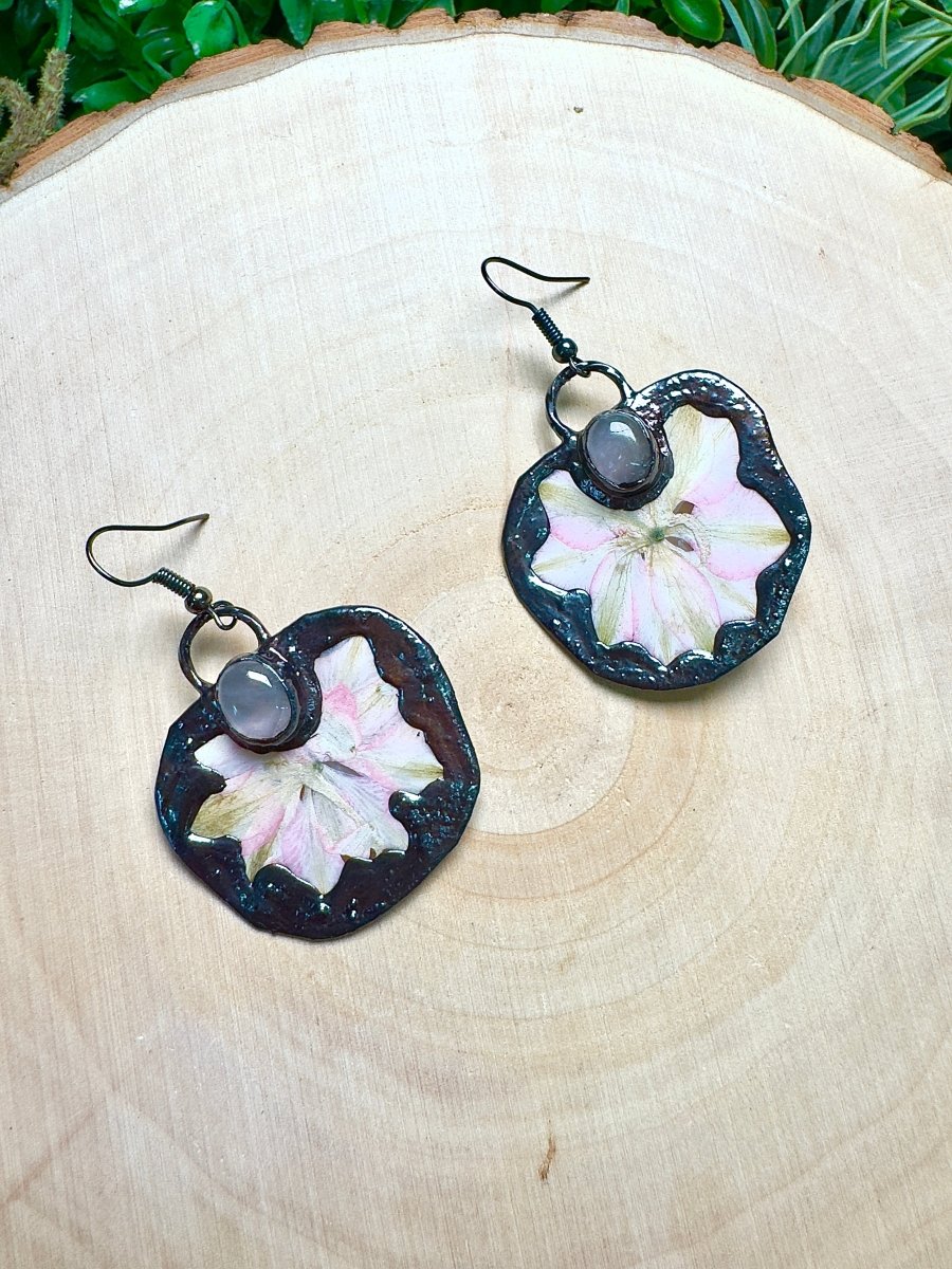 Cosmina- Rose Quartz and Flower Earrings by Copper Ashes