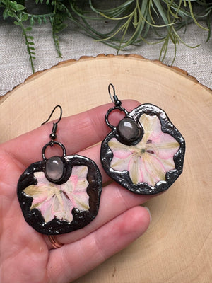 Cosmina- Rose Quartz and Flower Earrings detail view by Copper Ashes