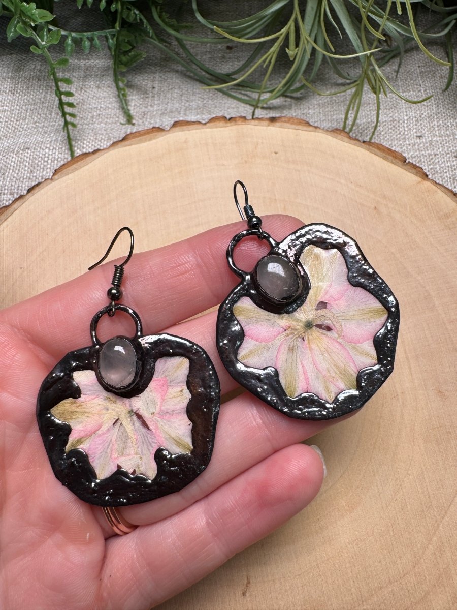 Cosmina- Rose Quartz and Flower Earrings detail view by Copper Ashes