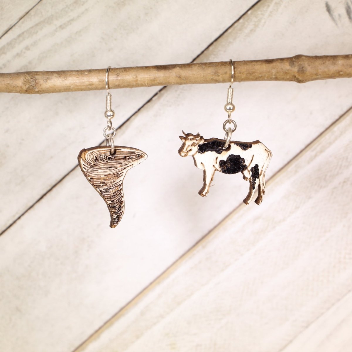 Cow and Tornado Wooden Earrings | Funny Weather Storm Jewelry by Cate's Concepts, LLC, handmade jewelry main product photo