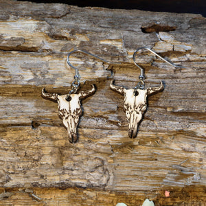 Cow Skull Wooden Dangle Earrings | Western Boho Jewelry by Cate's Concepts, LLC