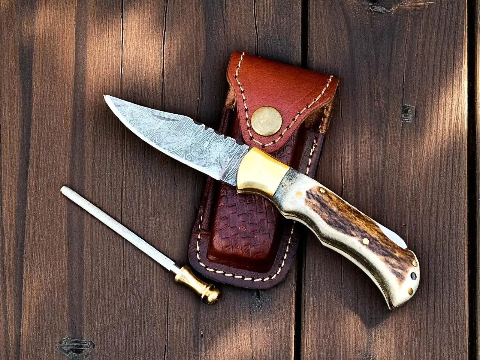Cowboy Pocket Knife | Antler Horn Handle with damascus blade by Damascus Knife Store, Damascus knife main product photo