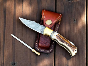 Cowboy Pocket Knife | Antler Horn Handle with damascus blade by Damascus Knife Store, Damascus knife main product photo