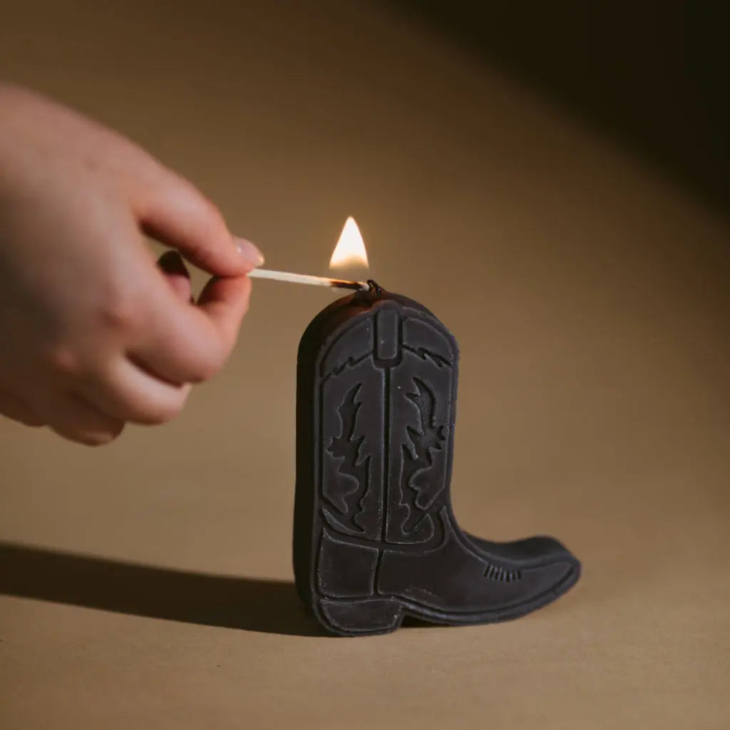 Cowboy boot shape candles by gold + ivy, scented candle detail photo 3