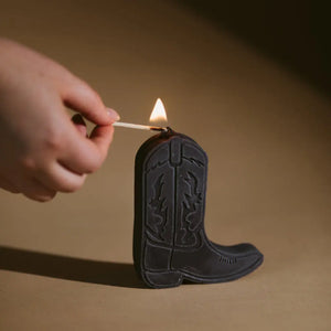 Cowboy boot shape candles by gold + ivy, scented candle detail photo 3