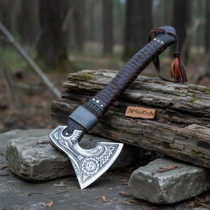 Viking Style Engraved Axe | Handcrafted Leather Wrapped Handle by JW SteelCrafts, handmade axe detail photo 11