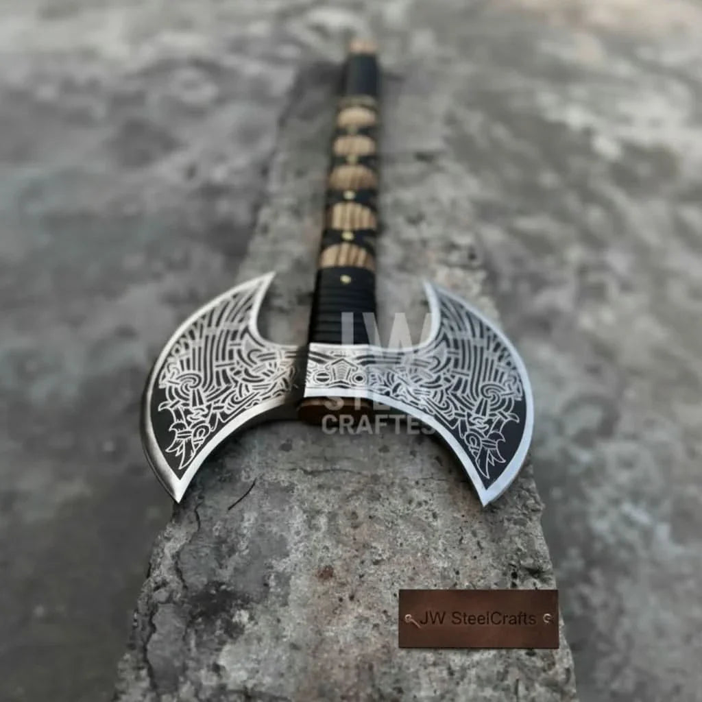 Hand Engraved Double Headed Viking Axe with Nordic Knotwork and Leather Wrapped Handle by JW SteelCrafts, handmade axe detail photo 5