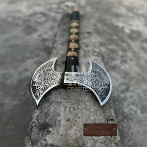 Hand Engraved Double Headed Viking Axe with Nordic Knotwork and Leather Wrapped Handle by JW SteelCrafts, handmade axe detail photo 5