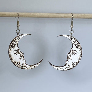 Crescent Moon Face Wooden Dangle Earrings | Celestial Jewelry