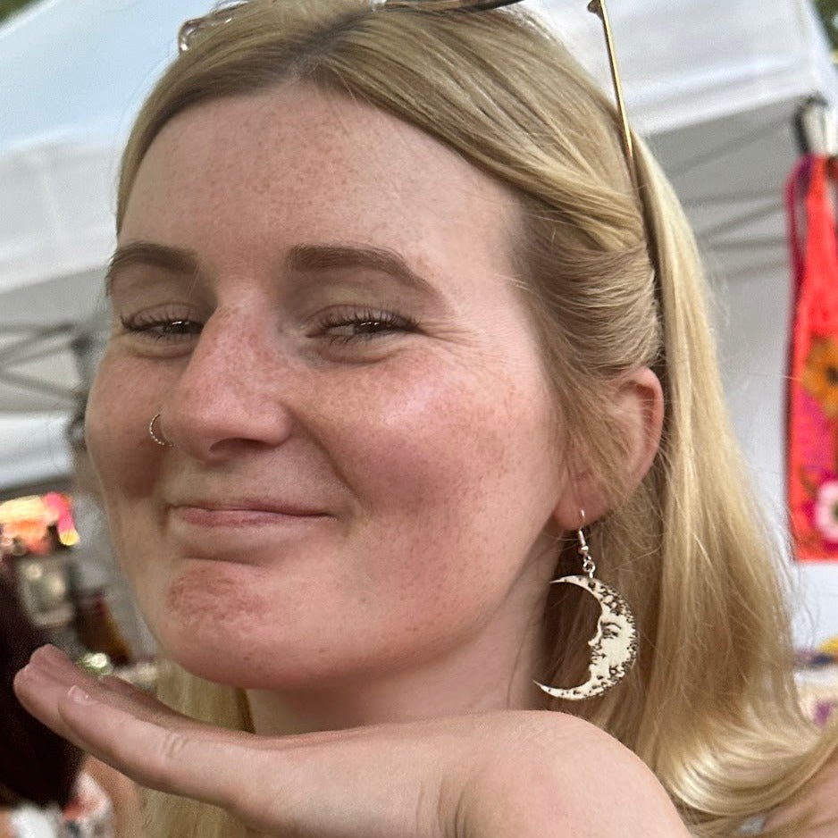 Crescent Moon Face Wooden Dangle Earrings | Celestial Jewelry detail view by Cate's Concepts, LLC