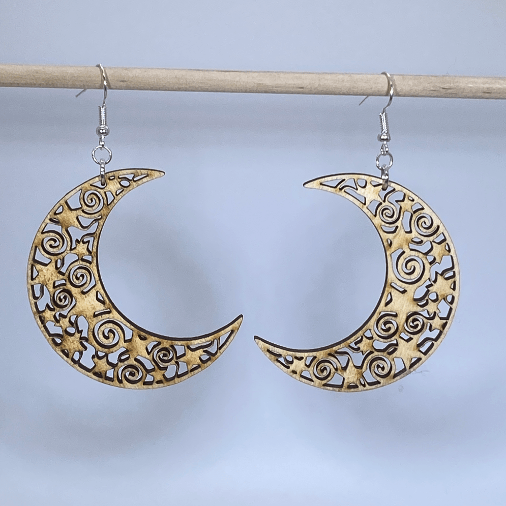 Crescent Moon Wooden Dangle Earrings | Celestial Filigree Jewelry detail view by Cate's Concepts, LLC