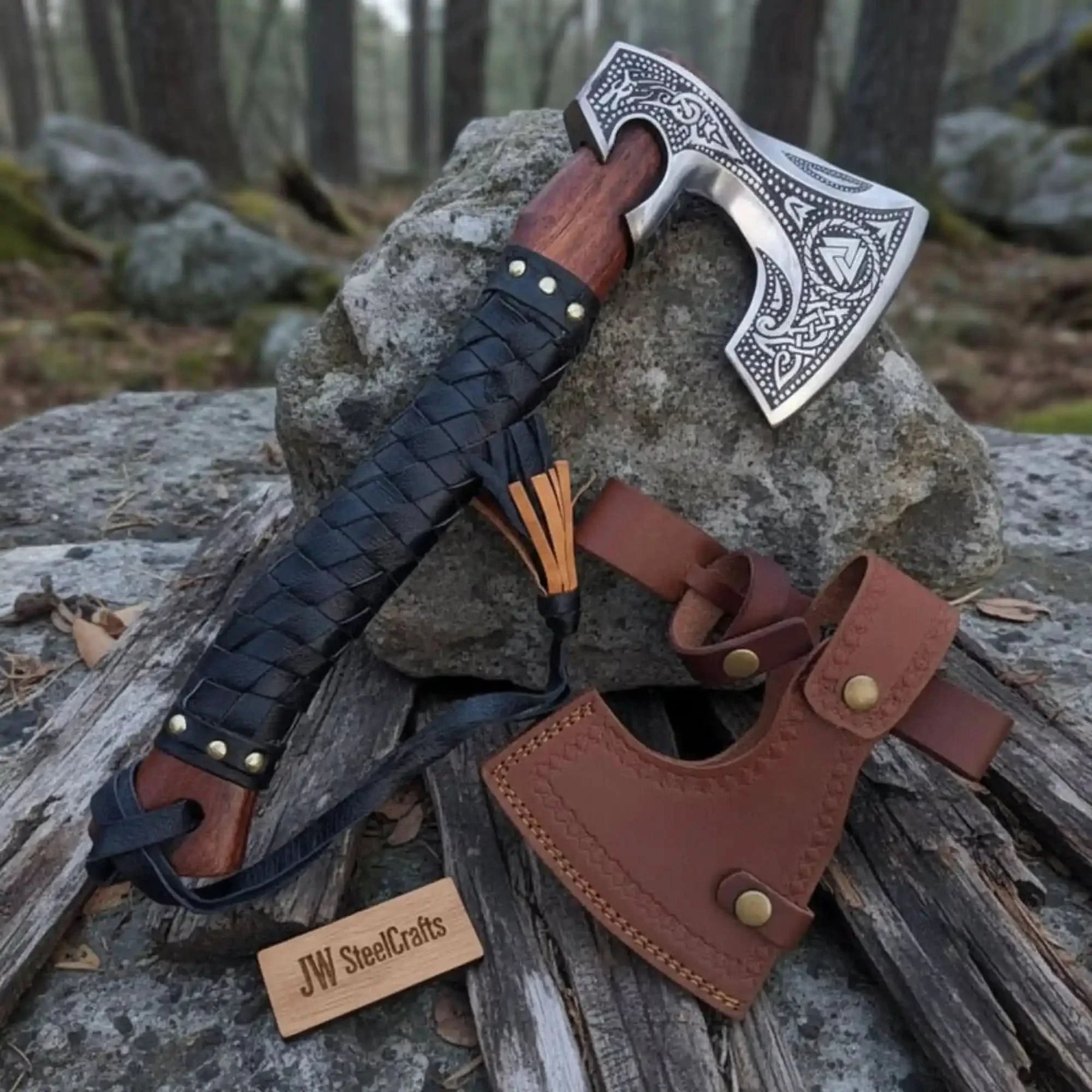 Viking Bearded Camp Hatchet with Engraved Head and Leather Wrapped Handle by JW SteelCrafts, Southern lifestyle apparel main product photo