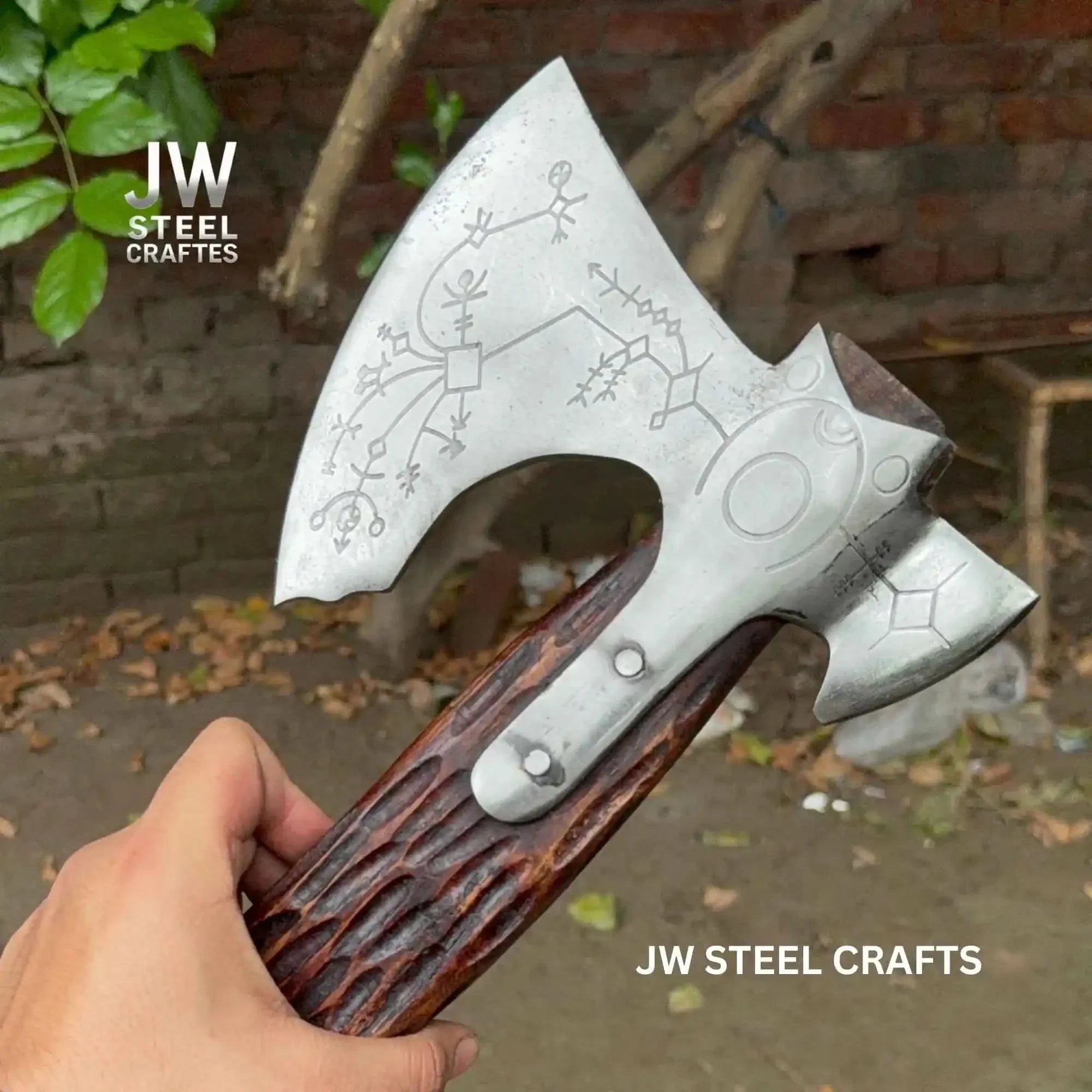 Handmade Viking Double-Bit Carbon Steel Axe with Norse Rune Etching and Engraved Hardwood Handle by JW SteelCrafts, Southern lifestyle apparel main product photo