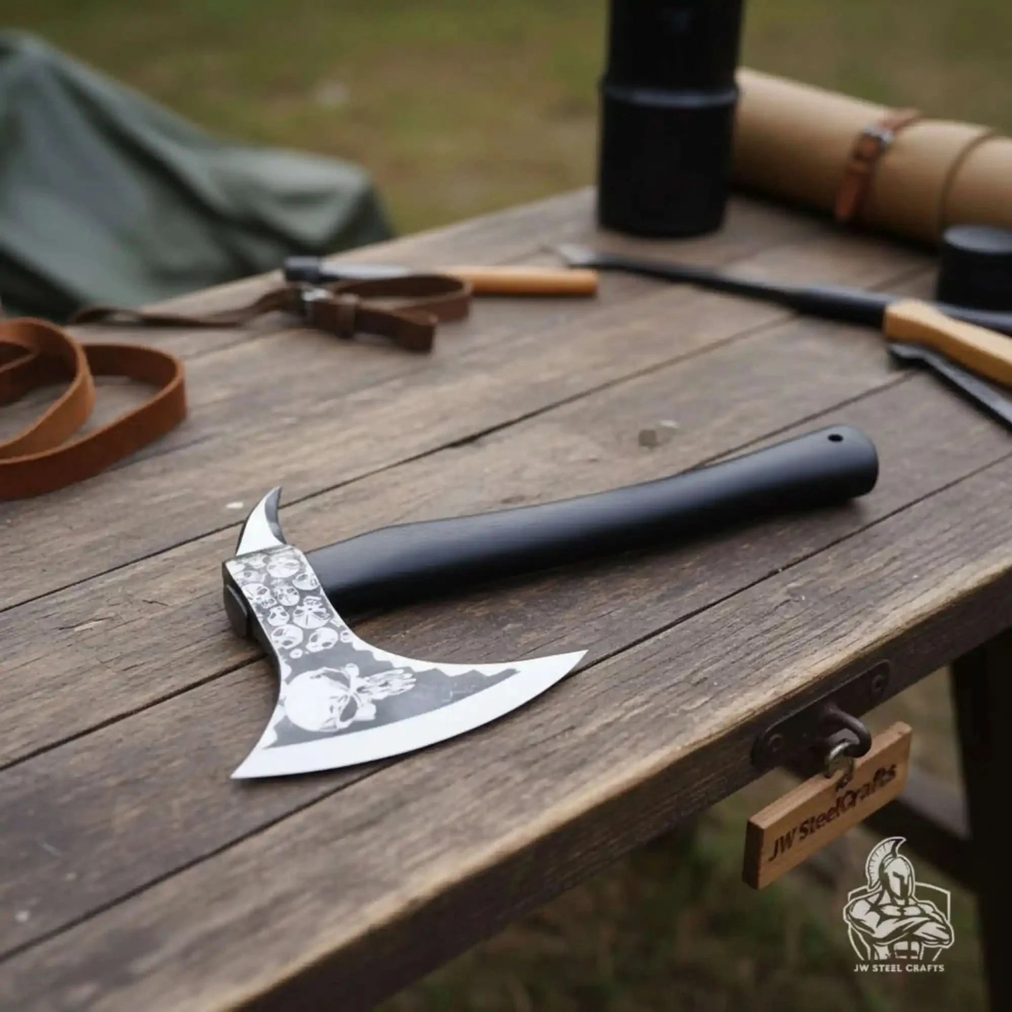 Hand-finished Bearded Axe – Detailed Etched Steel Head with Minimalist Black Handle by JW SteelCrafts, Southern lifestyle apparel main product photo