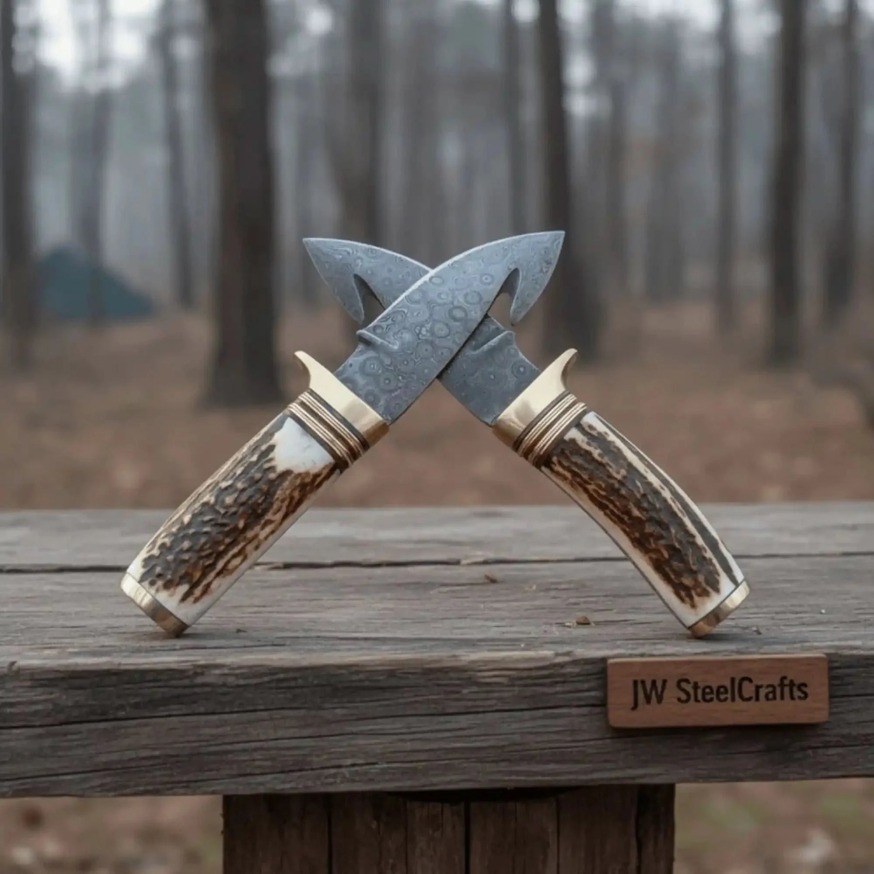 Gut Hook Skinner Knives Pair stag handle by JW SteelCrafts, Southern home decor detail photo 2