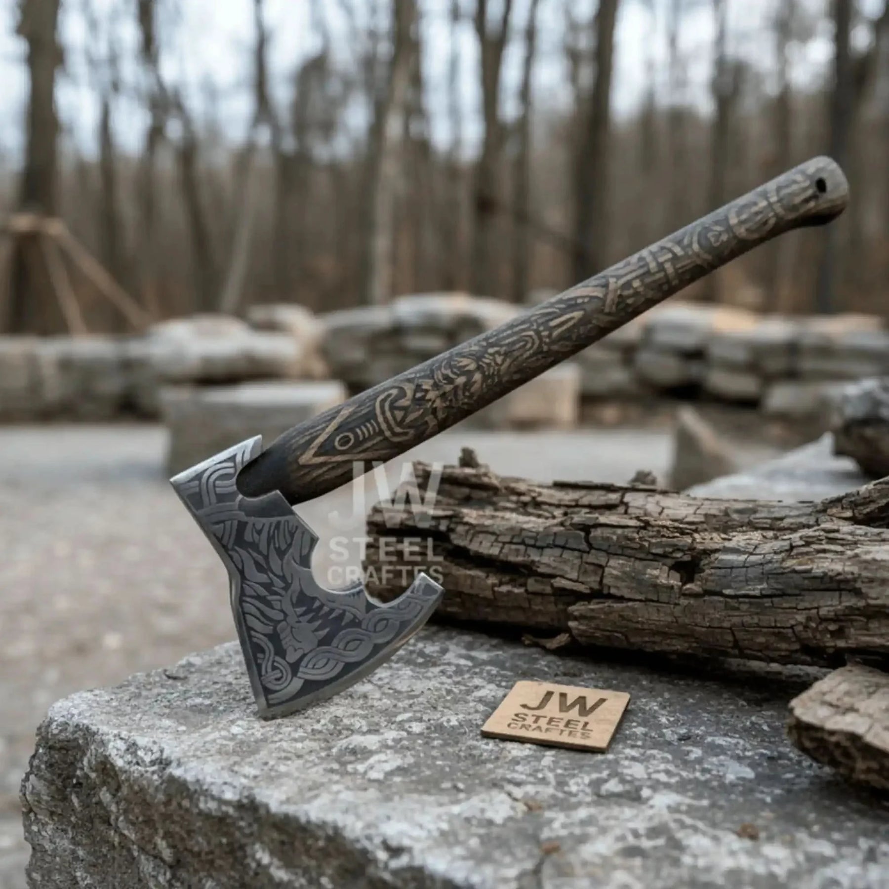 Handcrafted Viking Shield and Engraved Axe Set with Raven Motif and Norse Knotwork detail view by JW SteelCrafts