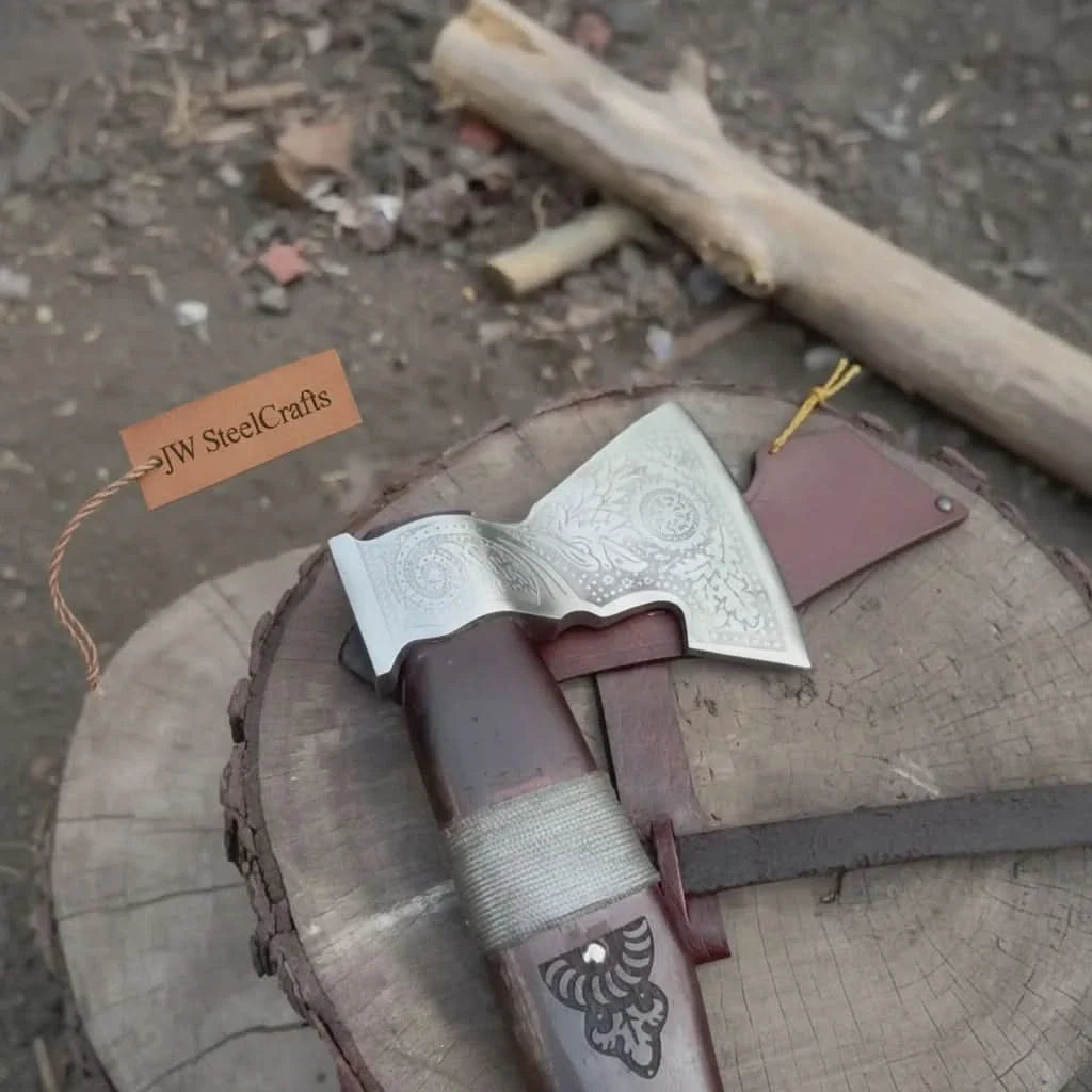 Viking Bearded Axe with Norse Engraved Blade and Leather Sheath by JW SteelCrafts, leather knife sheath detail photo 3