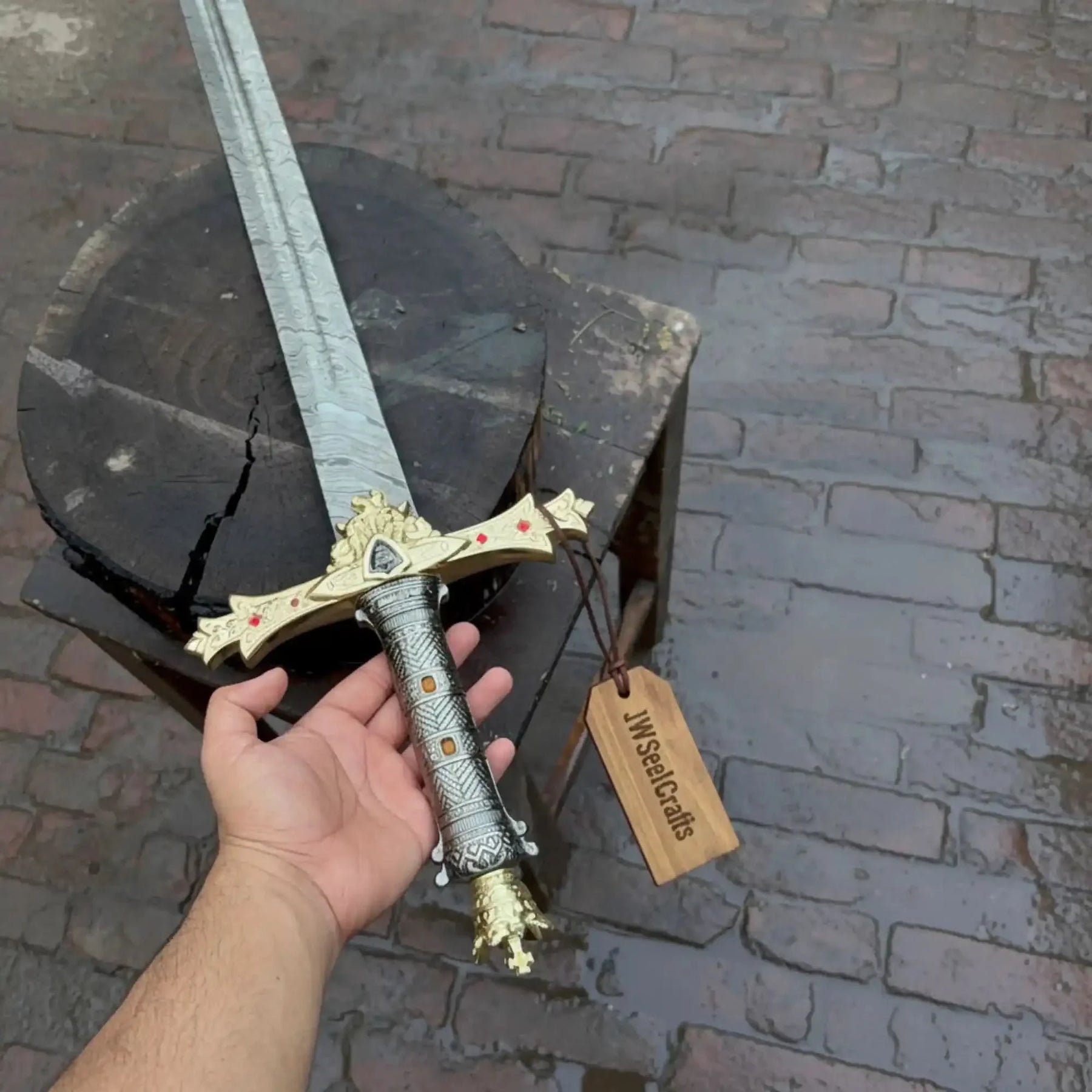 Handmade Golden Crusade Authentic Crusader Replica Sword in Damascus Steel with Crossguard by JW SteelCrafts, Southern lifestyle apparel detail photo 3