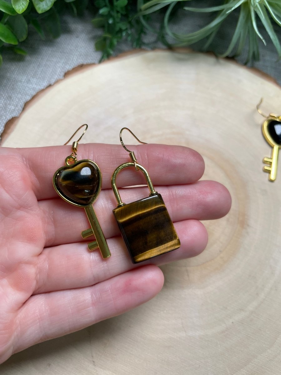 Crystal Lock and Key Earrings detail view by Copper Ashes