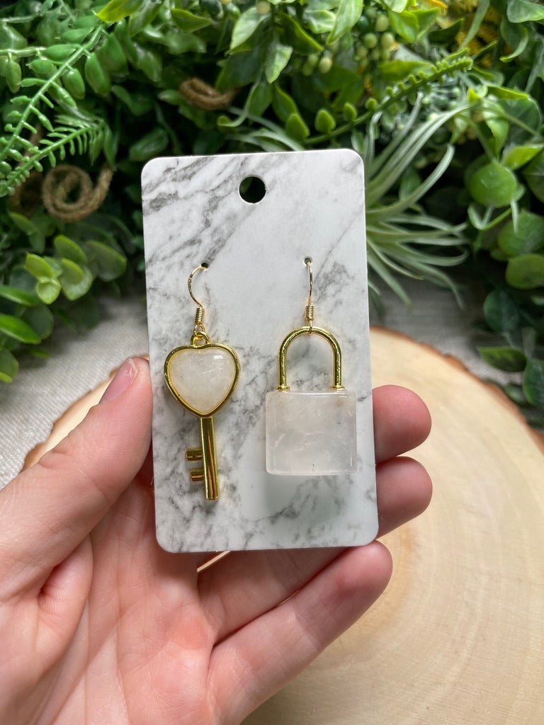 Crystal Lock and Key Earrings detail view by Copper Ashes